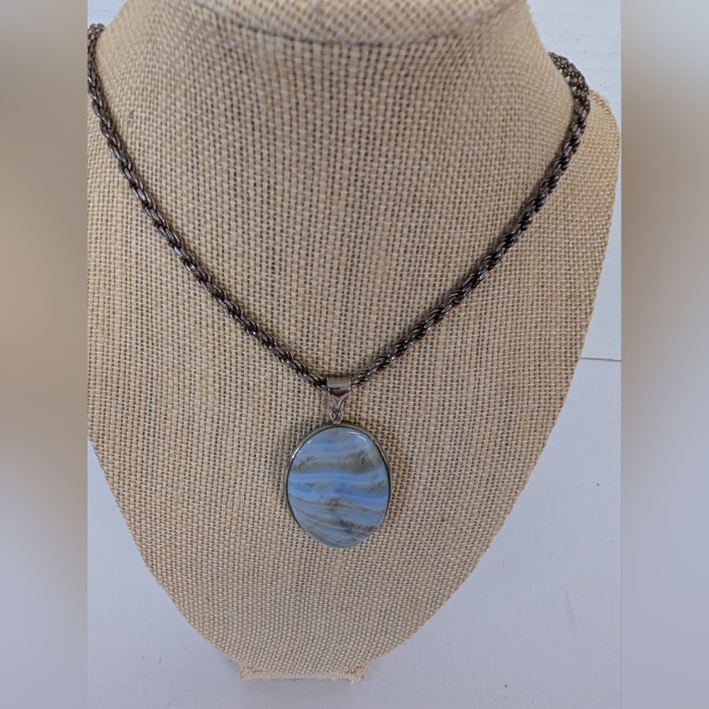Necklace Sterling Silver 925 Rope Chain With Blue Agate Stone Pendant